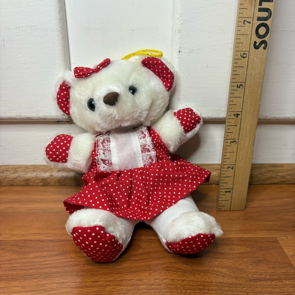 Vintage 90s White Hanging Teddy Bear Plush Red Polka Dot Dress
